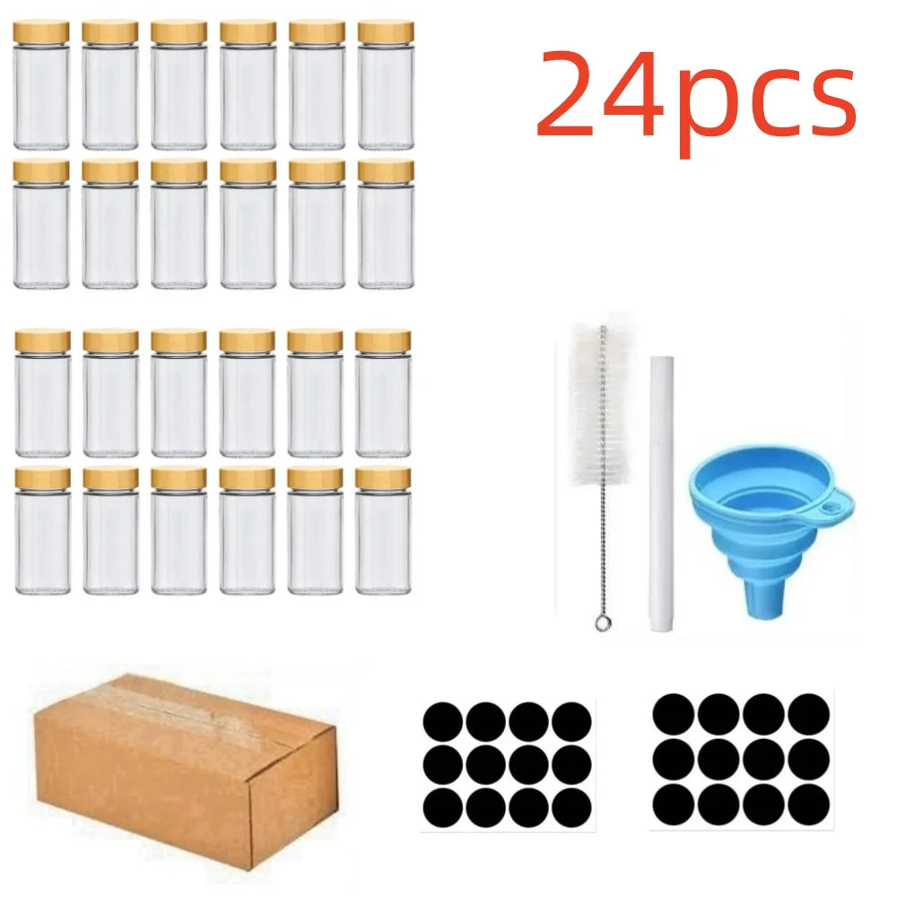 6/12/24pcs  Glass Spice Jars with Bamboo Lids Or Metal Lids Include Minimalist Spice Labels Stickers Collapsible Funnel Jar Set