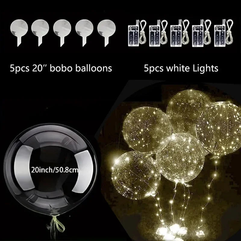 5 Sets LED Glow Balloons 20 Inch Clear Light Up Bobo Balloon with 3M String Lights Party Wedding Birthday Christmas Decoration