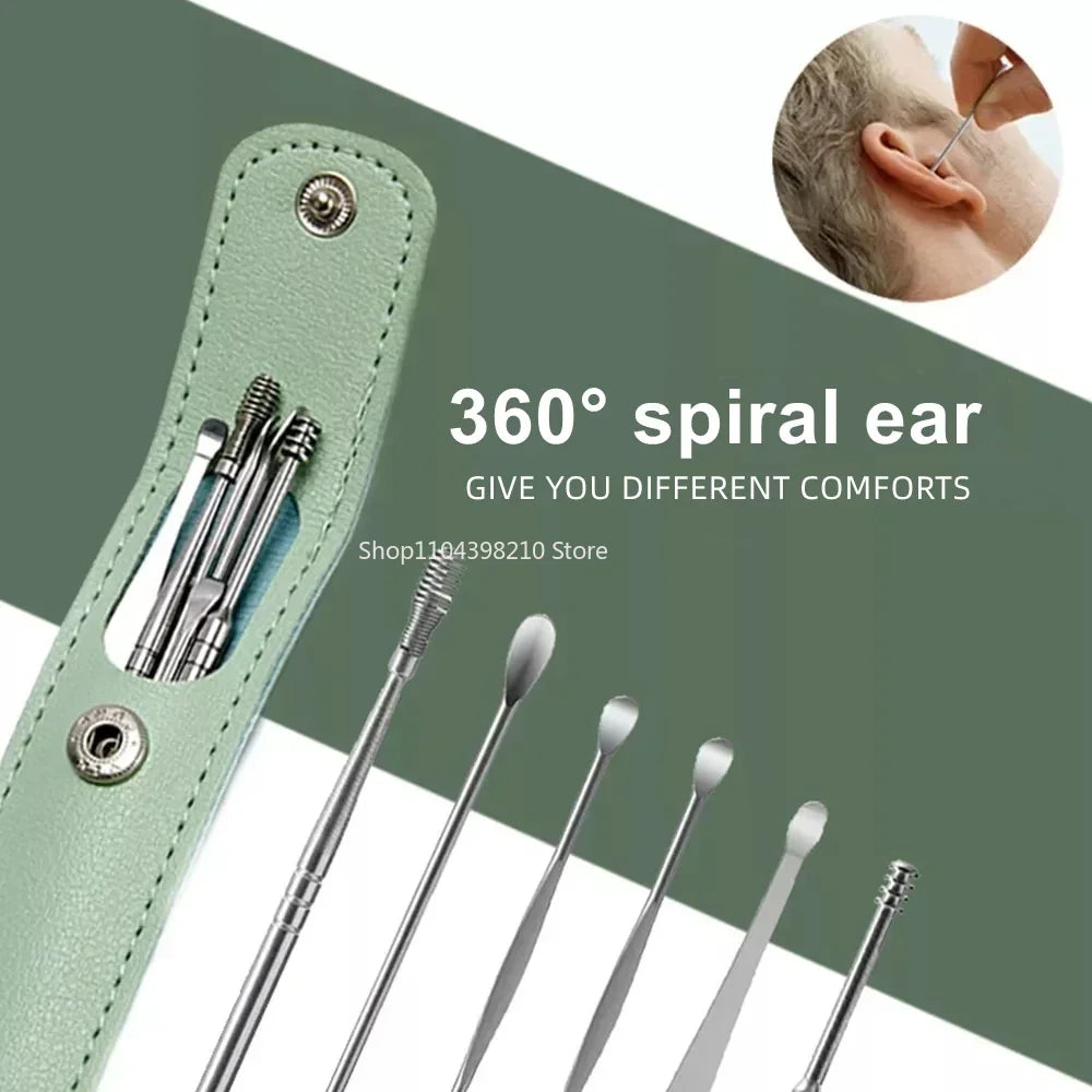 6pcs Stainless Steel Ear Wax Removal Tool Set Spiral Rotating EarPicking Spoon Ear Picker Spoon For Cleaning Collecting Ear Wax