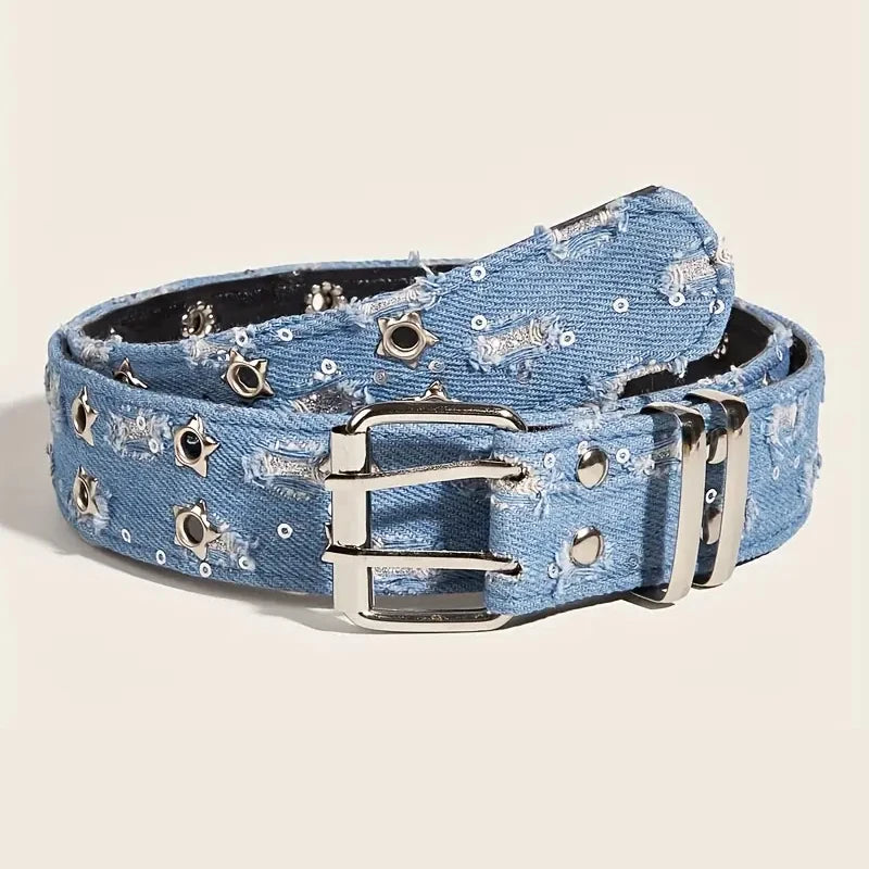 1PC New Fashion Luxury Belt Black Punk Accessories Blue Denim Girdle HipHop Y2k Star Hollowed Pin Buckle Waistband，For Men Women