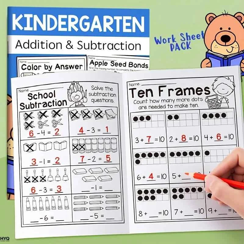 32-Page Interactive Math Learning Workbook with Addition & Subtraction Worksheets, Crossword Puzzles, Colorful Math Activities