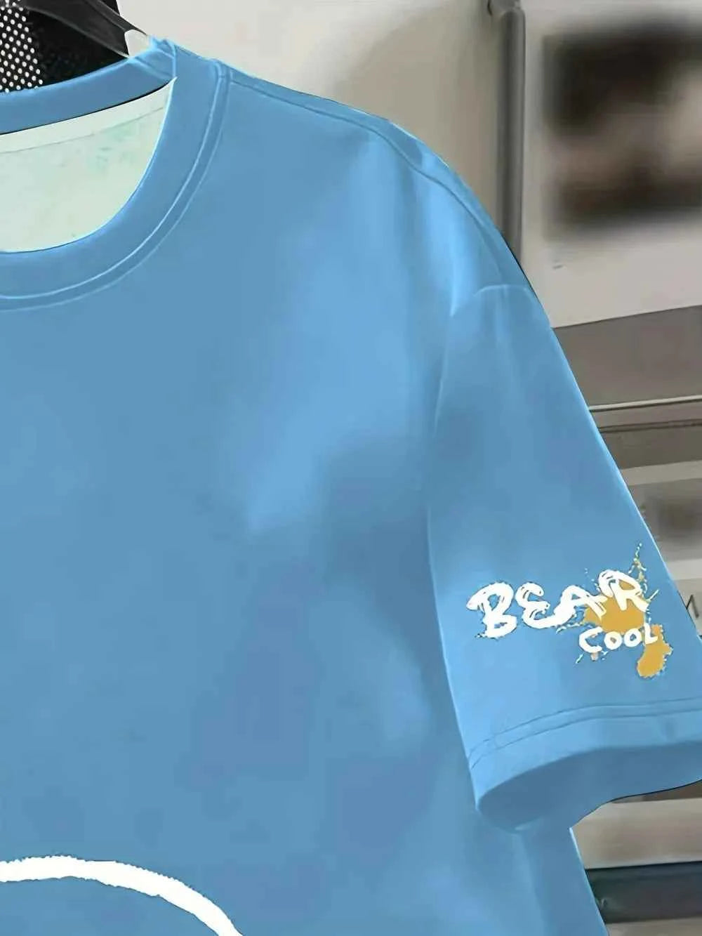 Summer Men's Round Neck Breathable T-Shirt with Cartoon Bear Print Pattern Suitable for Daily and Weekend Gifting to Friends