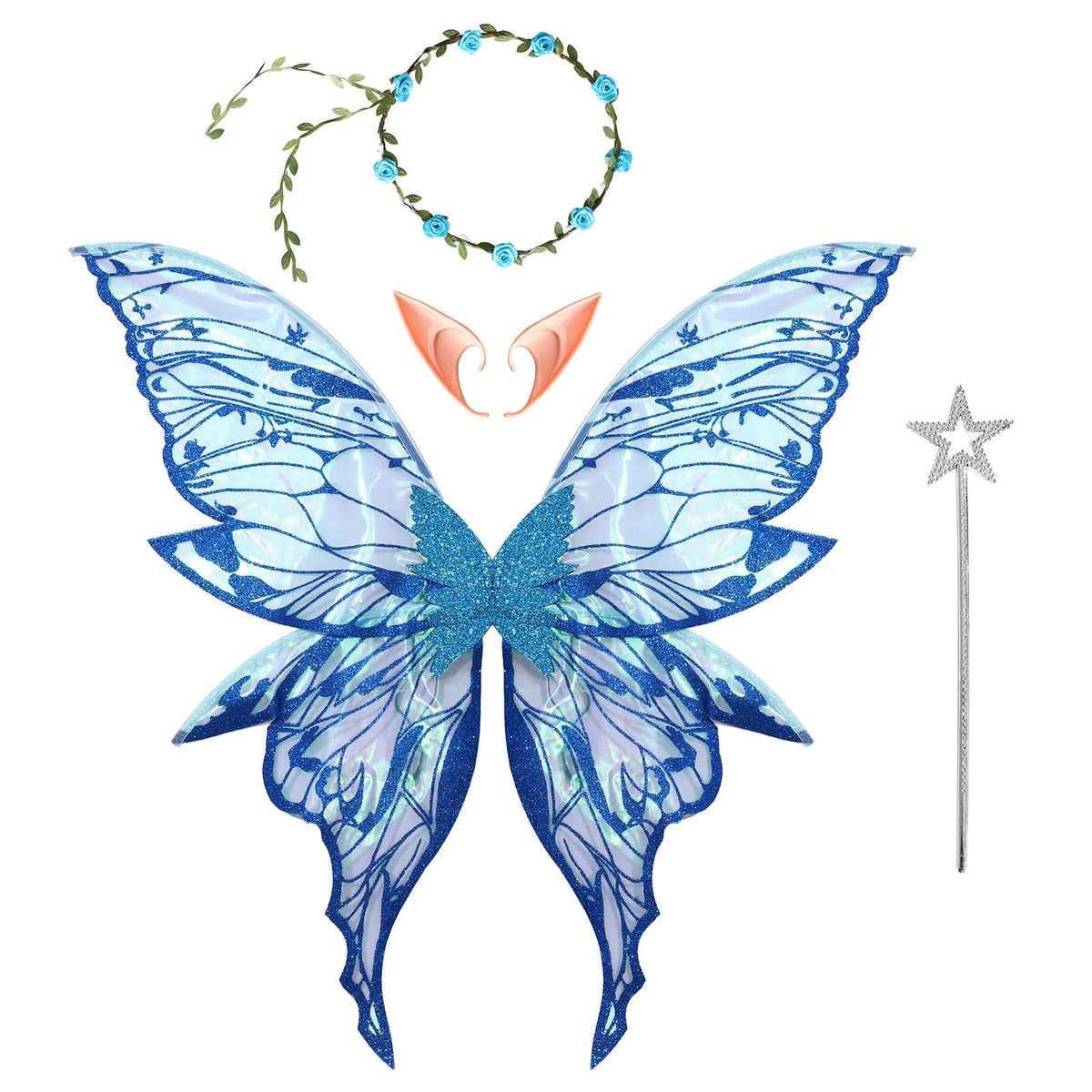 Butterfly Fairy Elf Costume Wing Princess Angel Wing Ears Star Fairy Stick Garland Set Halloween Cosplay Party Photography Props