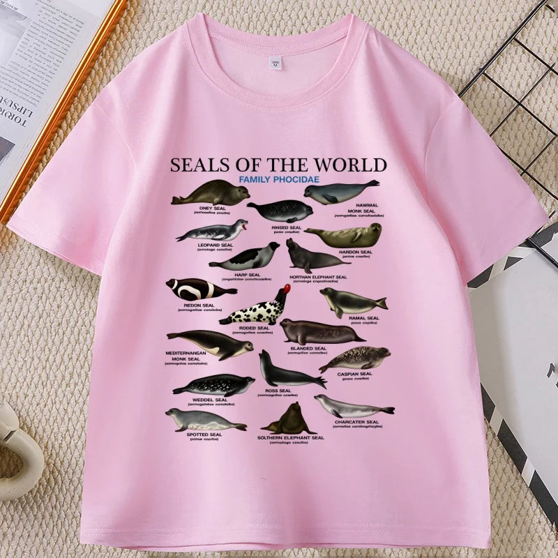 Seal Tshirt Y2k Seals of The World T-shirt 90s Retro Tee Crewneck Animal Tshirt Casual Loose Cotton Short Sleeve Print Clothes