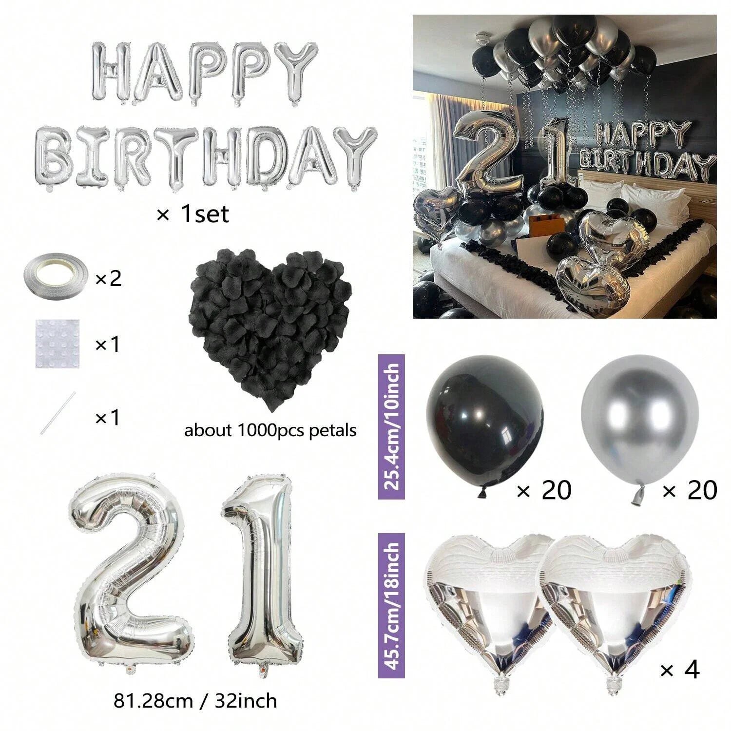 1050/21/200pcs Black & Silver Party Balloons Decorations, Silver Happy Birthday Banner, Chrome Silver Latex Balloons
