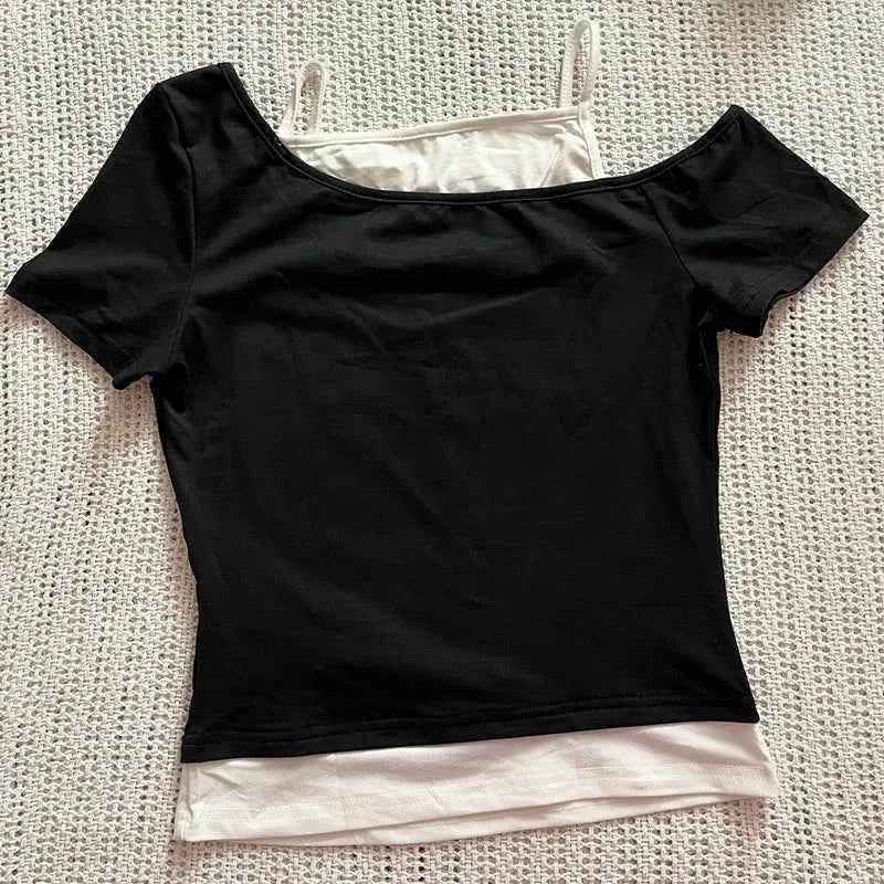 Women's 90s Vintage Punk T-Shirt Summer Streetwear Sexy Short Sleeve Gothic Slim Crop Top Hotgirl Casual Femme Tee Harajuku Y2k