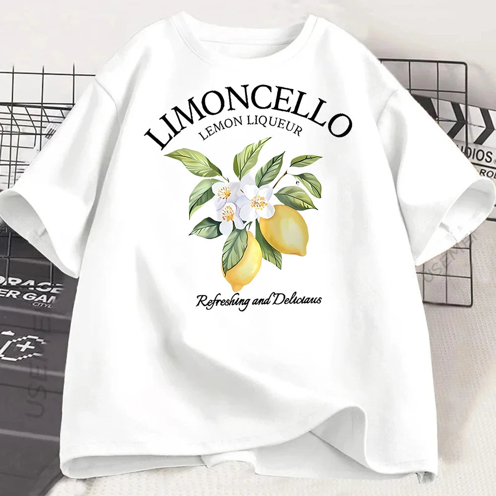Lemon Letter Print T-shirt Short Sleeve Crew Neck Casual Top for Summer Women Kawaii Streetwear Graphic Tees Vintage Fruit Shirt