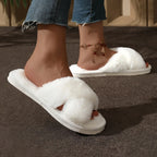 Cross Warm Fluffy Furry Slippers Women Lightweight Flat Heels Fur Slides Woman Autumn Winter Open Toe Non Slip Home Floor Shoes
