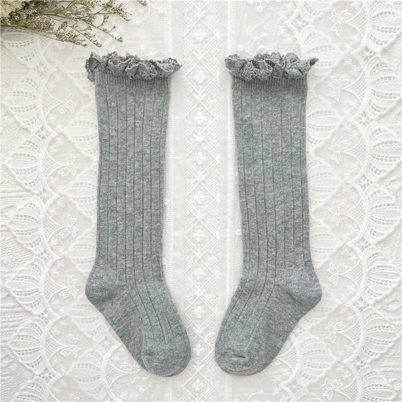 Ruffle Kids Knee High Socks Baby Girls Toddlers Long Soft Cotton Sock Lace Flower Children School Uniform Socks For 0-8Years
