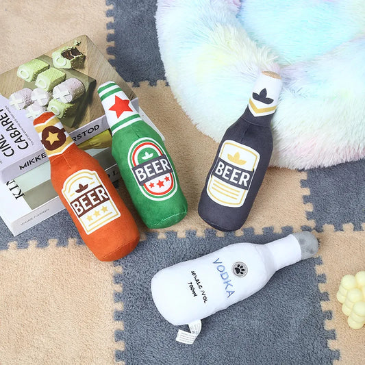 Plush Beer Bottle Dog Toy – Squeaky, Bite-Resistant, Teeth Cleaning