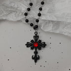 Gothic Bat Cross Dark Pendant Necklace Set, Y2K Personalized Thorn Love Black Bead Stacked Necklace Set, Suitable as Halloween G