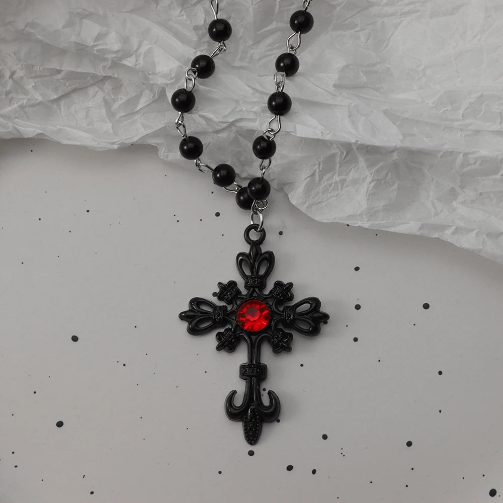 Gothic Bat Cross Dark Pendant Necklace Set, Y2K Personalized Thorn Love Black Bead Stacked Necklace Set, Suitable as Halloween G