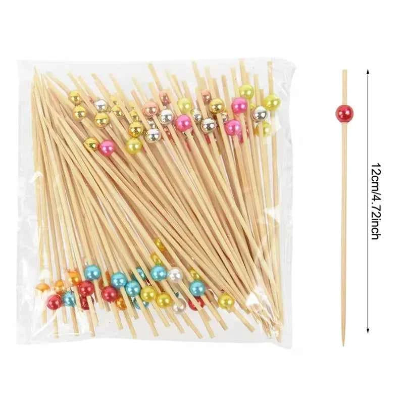 100Pcs Disposable Bamboo Skewer Hawaiian Flamingo Pearl Cocktail Picks Buffet Food Fruit Forks For Wedding Birthday Party Decor