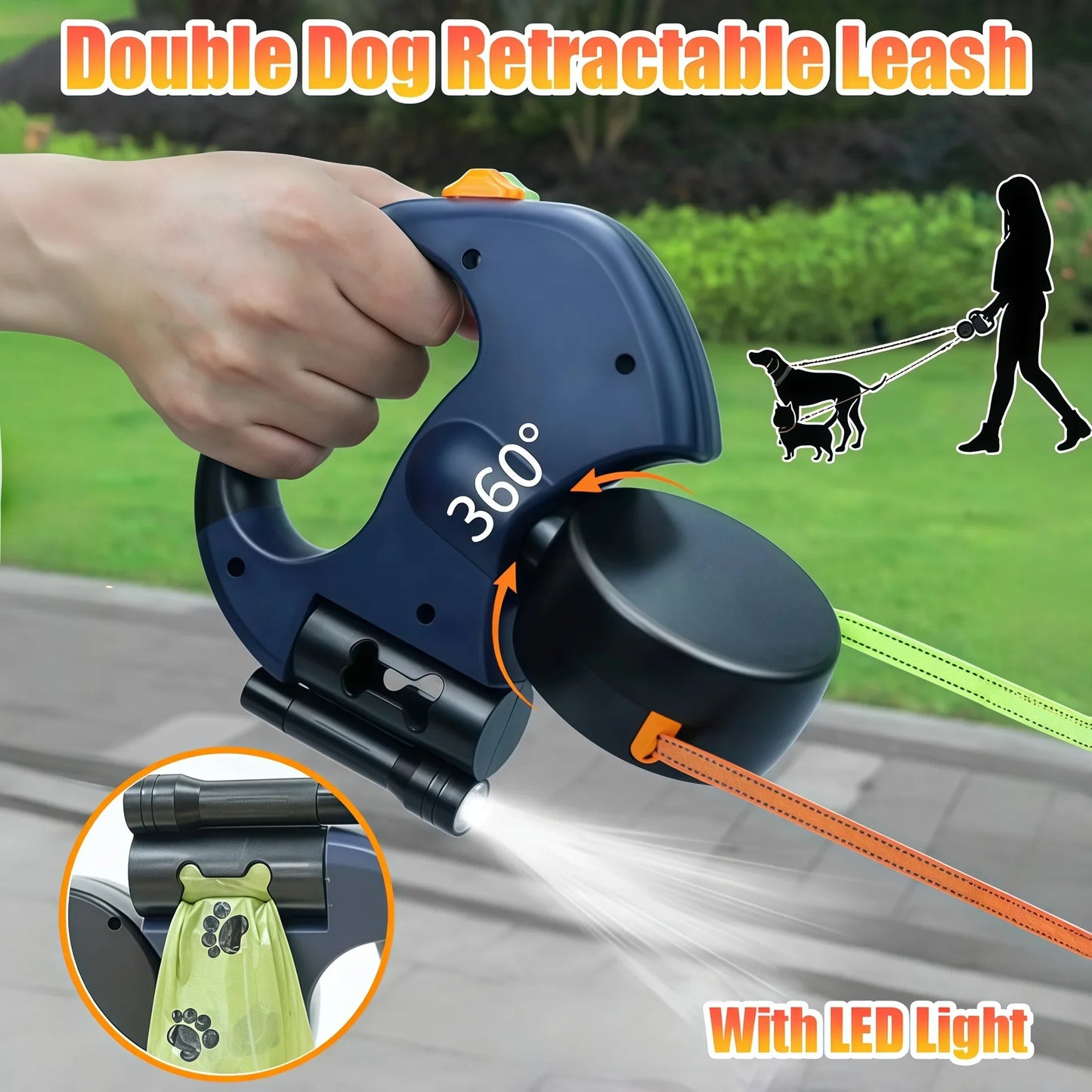 Premium 3M Retractable Double Dog Leash – Reflective 360° Swivel No-Tangle Lead with LED Lights for Small Dogs