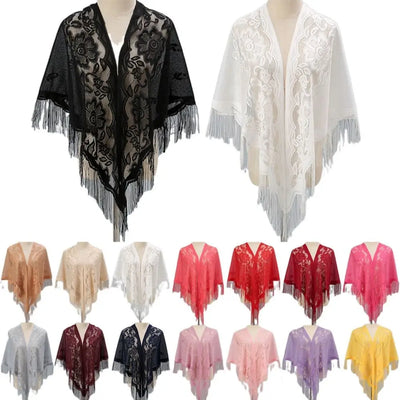 Tassel Patchwork V-Neck Cardigans Women Wedding Accessories Shawl Hollow Multicolored Evening Prom Cape Tulle Shawl Party