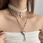 Y2K White Lace Cross Strap Key Choker Necklace for Women Sweet Cool Heart Chain Double Layer Necklace Fashion Party Jewelry Gift