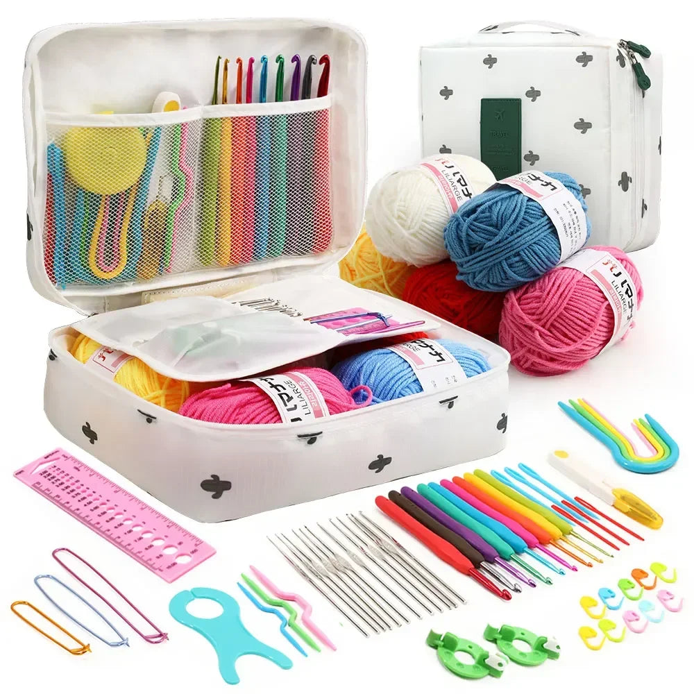 FELE 59Pcs/Set Portable Crochet Knitting Set DIY Beginner Crochet Hook Kit With Storage Bag Material Pack and Storage Tools