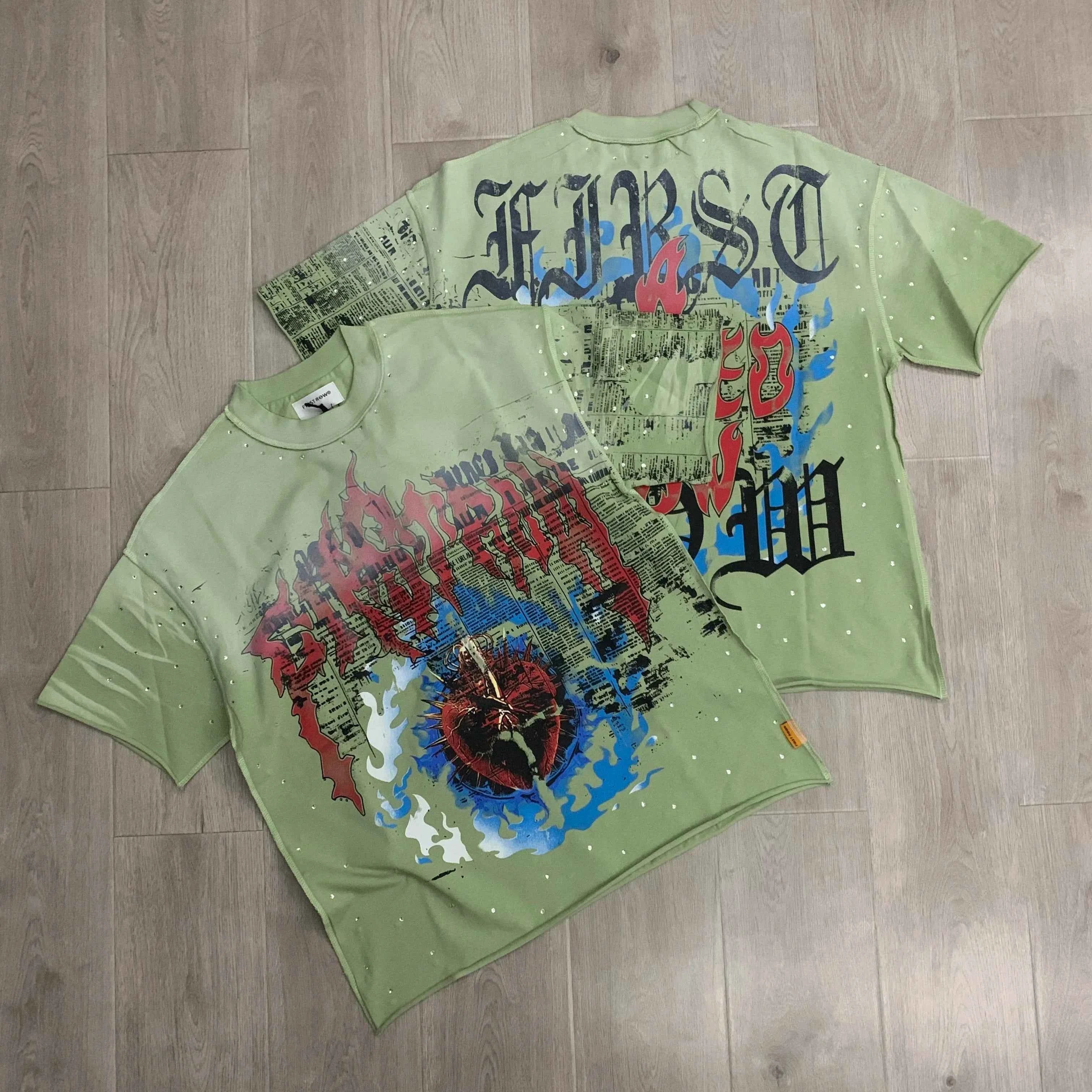 Streetwear Vintage Washed Diamond Cropped Tee for Men Crew Neck Short Sleeve Loose Cotton Rhineston Tshirts Oversized