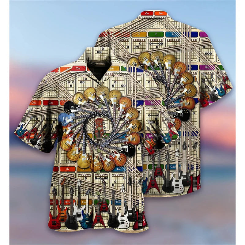 Guitar Bass Pattern Hawaiian Shirts For Men Vintage Musical Instrument 3D Printed Blouse Summer Loose Aloha Shirts Short Sleeves