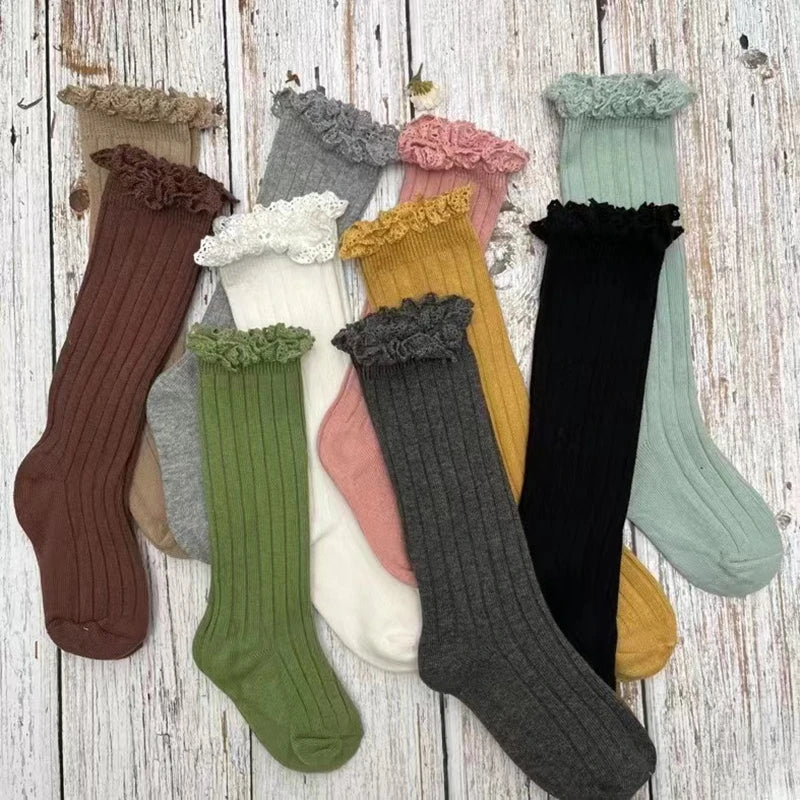 Ruffle Kids Knee High Socks Baby Girls Toddlers Long Soft Cotton Sock Lace Flower Children School Uniform Socks For 0-8Years