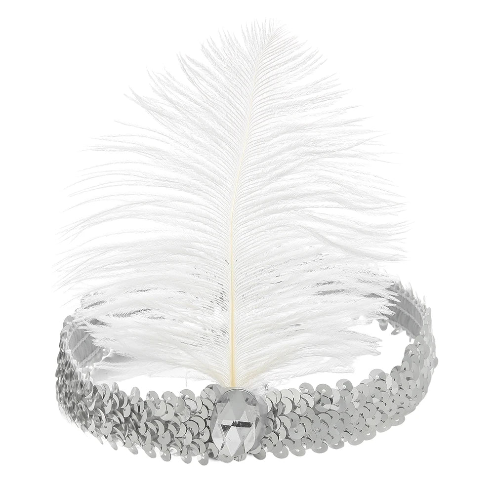 1920s Flapper Headband Feather Headpiece Sequin Headband with Gem for Gatsby Party Halloween Costume Accessory