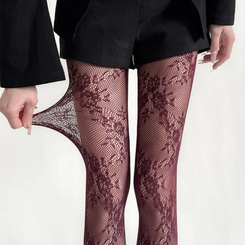 Harajuku Black White Brown Hollowed Out Lace Mesh Pantyhose Floral Rattan Bottomed Stockings Sexy Women Tights Fashion Hosiery