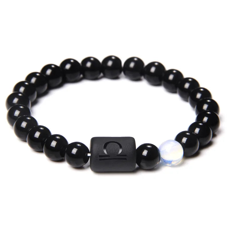 12 Constellation Zodiac Signs Beads Couples Bracelet Natural Black Onyx Stone Elastic Charm Bracelet for Women Men Birthday Gift