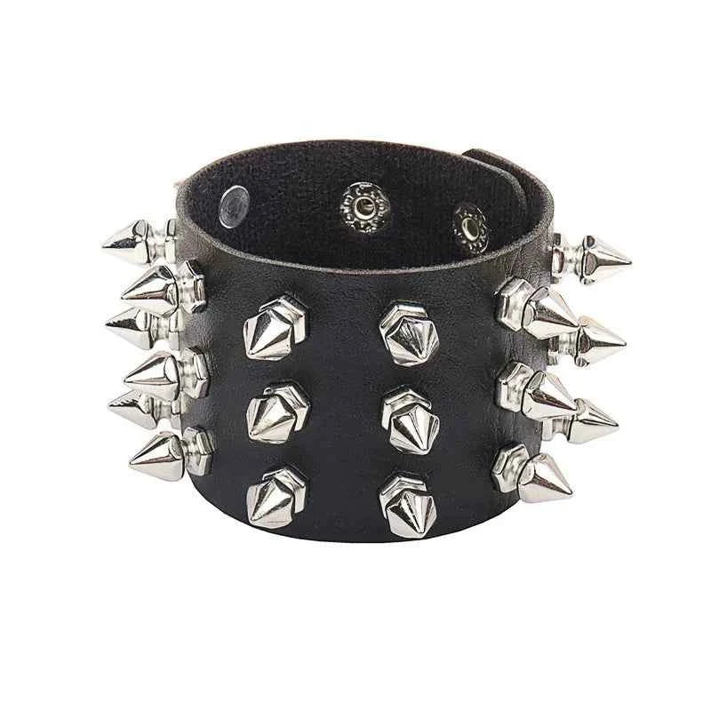 Punk Fashion Men Black Cuff Leather Bracelet Wristband Metal Rivets Stud Charm 80s Wrap Bangle for Women Rock Gothic Jewelry