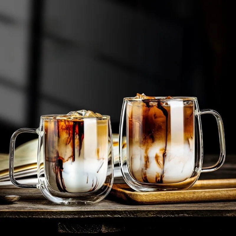 1pc Double Wall Glass Coffee Cup with Handle Insulated Glass Espresso Cups For Cold/Hot Drink Americano/Lattes/Tea/Juice/Milk