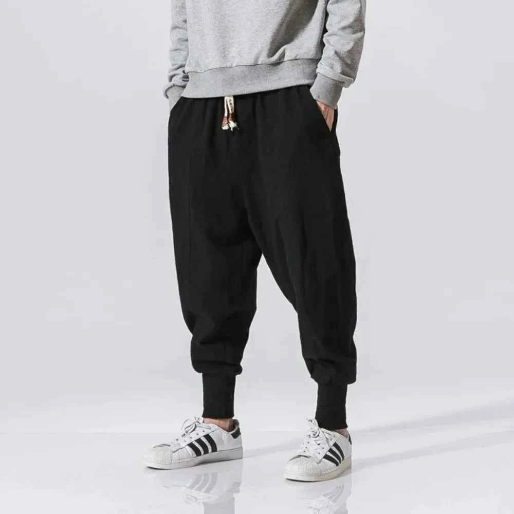 Cotton Linen Harem Pants Men Streetwear Joggers New Baggy Drop-crotch Pants Casual Trousers Men Sweatpants