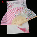 Vintage Silk Folding Fan Bamboo Tassel Decorative Hand Fan