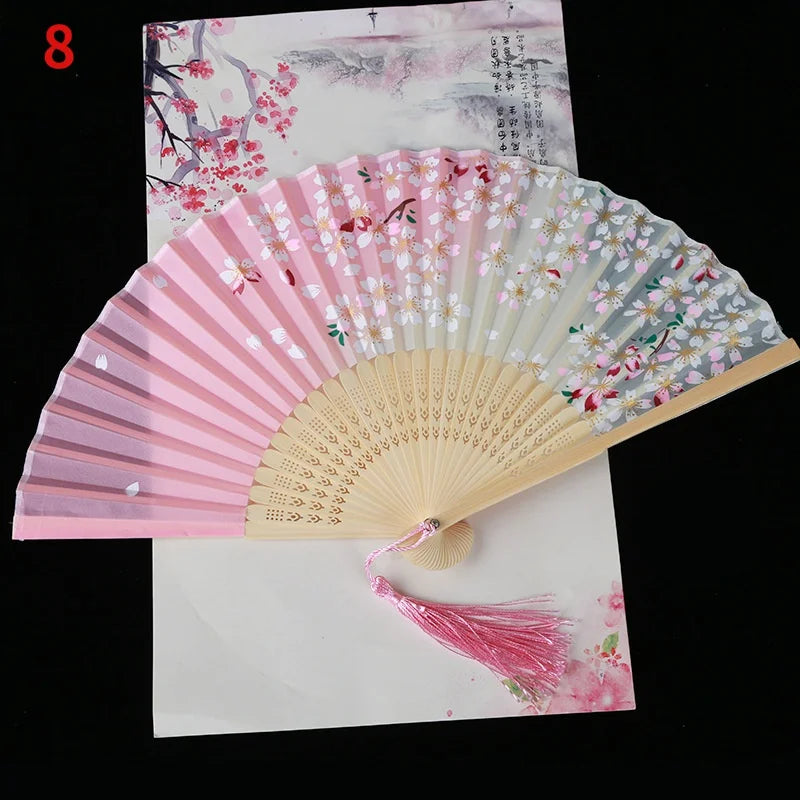 Vintage Silk Folding Fan Bamboo Tassel Decorative Hand Fan