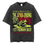 Creepy Cute Animal Graphic T-Shirts Vintage Washed Black Tees Funny Horror & Relatable Quotes Perfect for Anime Fans Streetwear