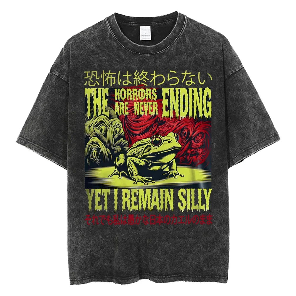Creepy Cute Animal Graphic T-Shirts Vintage Washed Black Tees Funny Horror & Relatable Quotes Perfect for Anime Fans Streetwear