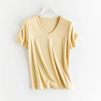 High-end New 10% Silk & Mercerized Cotton Women T-shirt Luxury Tee Short Sleeve Silky Feeling Summer Wear 2025 Tops V / O-neck