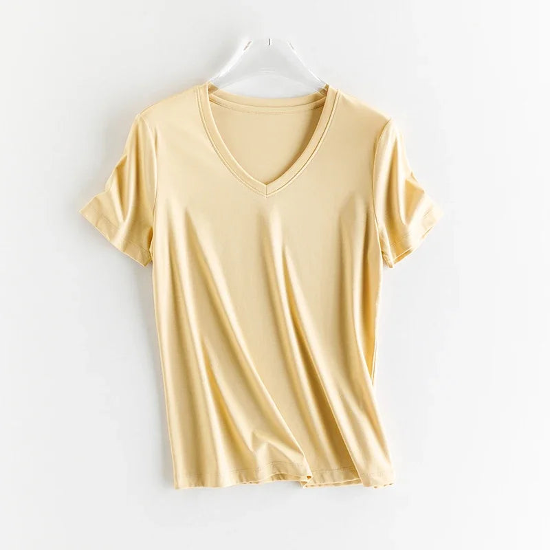 High-end New 10% Silk & Mercerized Cotton Women T-shirt Luxury Tee Short Sleeve Silky Feeling Summer Wear 2025 Tops V / O-neck