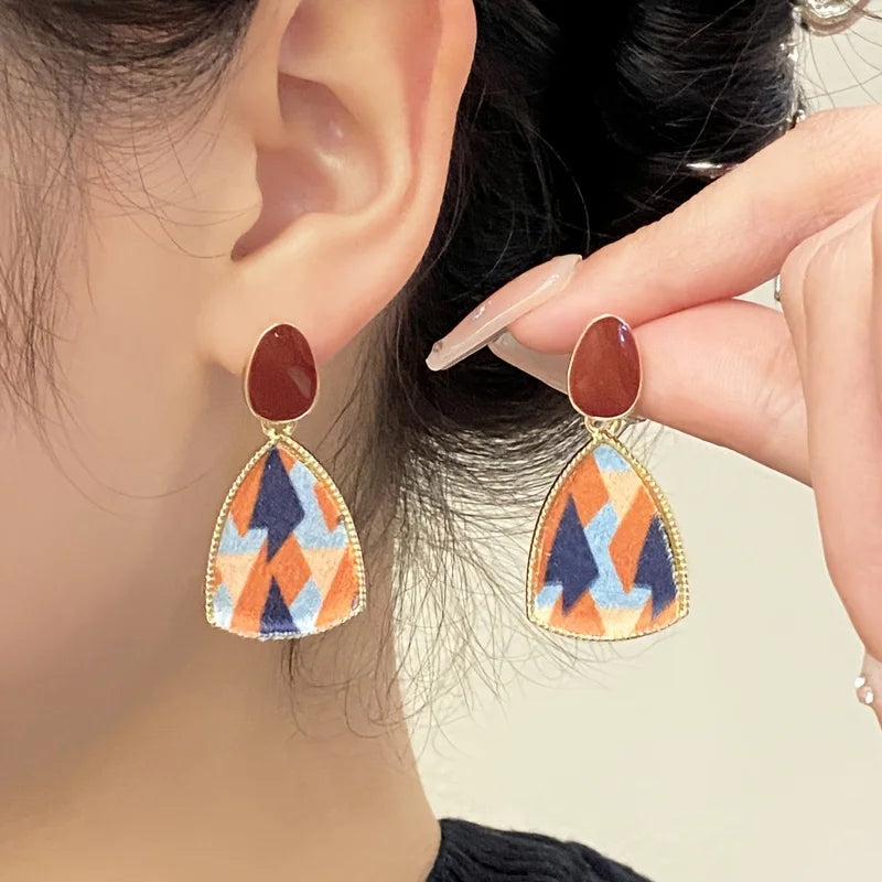 Five pairs of retro Hong Kong style Wine Red  Stud Earrings Femal temperament high-end love pearl earrings Geometric jewelry set