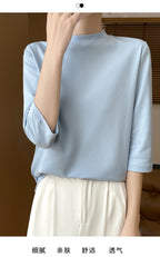 Summer And Autumn New 100% Cotton T-shirt Women's Semi-High-Necked Cropped Sleeves Loose Solid Color Bottoming Top
