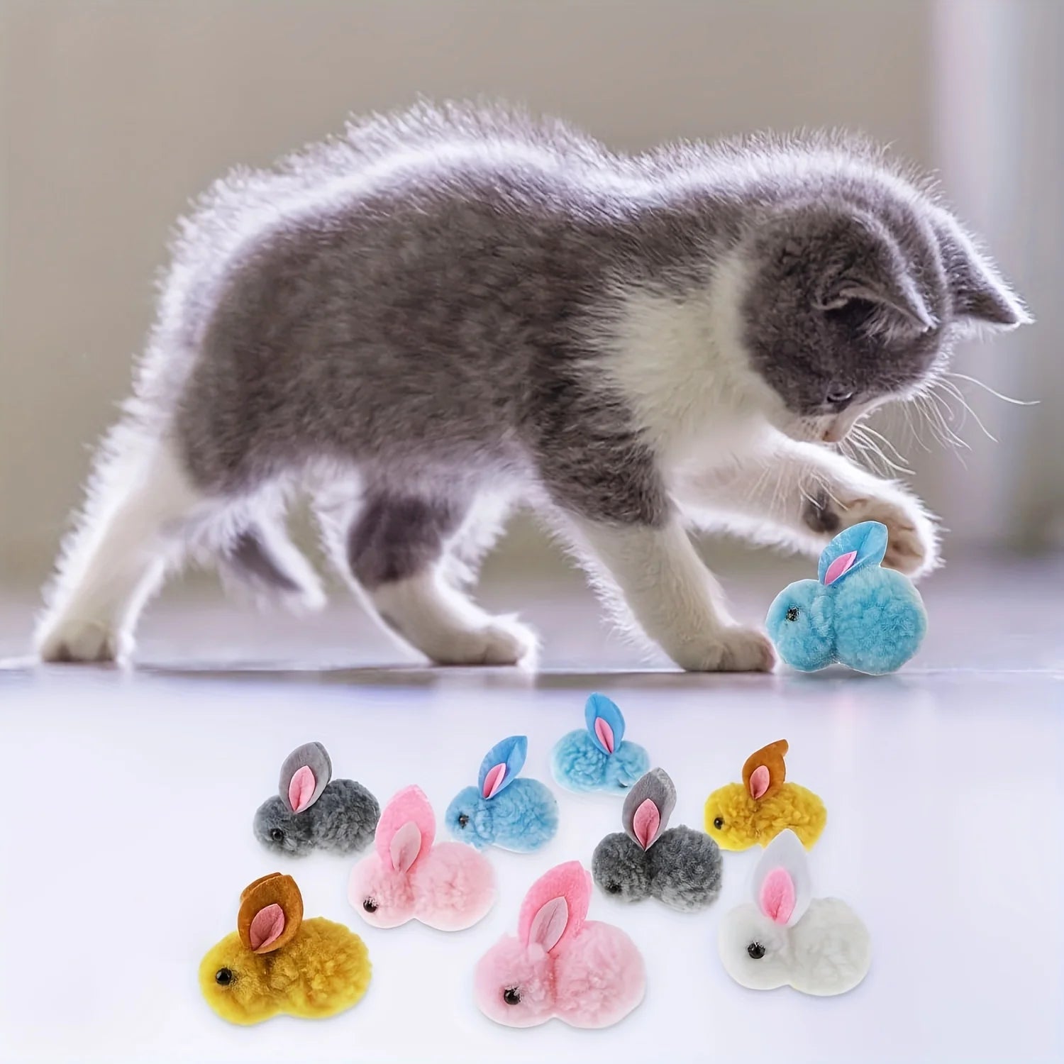 10pcs Plush Bunny Cat Toy Balls – Soft, Colorful & Interactive