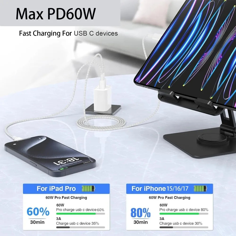 Type C to C Colored Nylon Braided Cable PD 60W for IPhone17/16/15, iPad Pro, Macbook, Samsung S24/23, Durable & Fast Charging.
