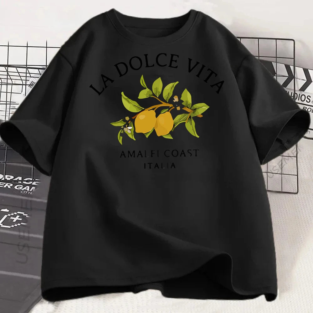 Lemon Letter Print T-shirt Short Sleeve Crew Neck Casual Top for Summer Women Kawaii Streetwear Graphic Tees Vintage Fruit Shirt