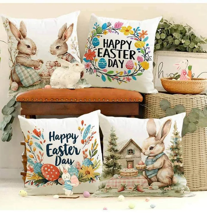 Close-up of polyester cushion cover with bunny design