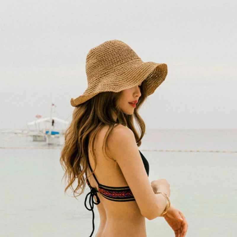 Beach Hat Female Sunscreen Cap Simple Women Panama Straw Hat Summer Sun Hat for Women Lady Folding Travel Caps 10cm Brim Floppy