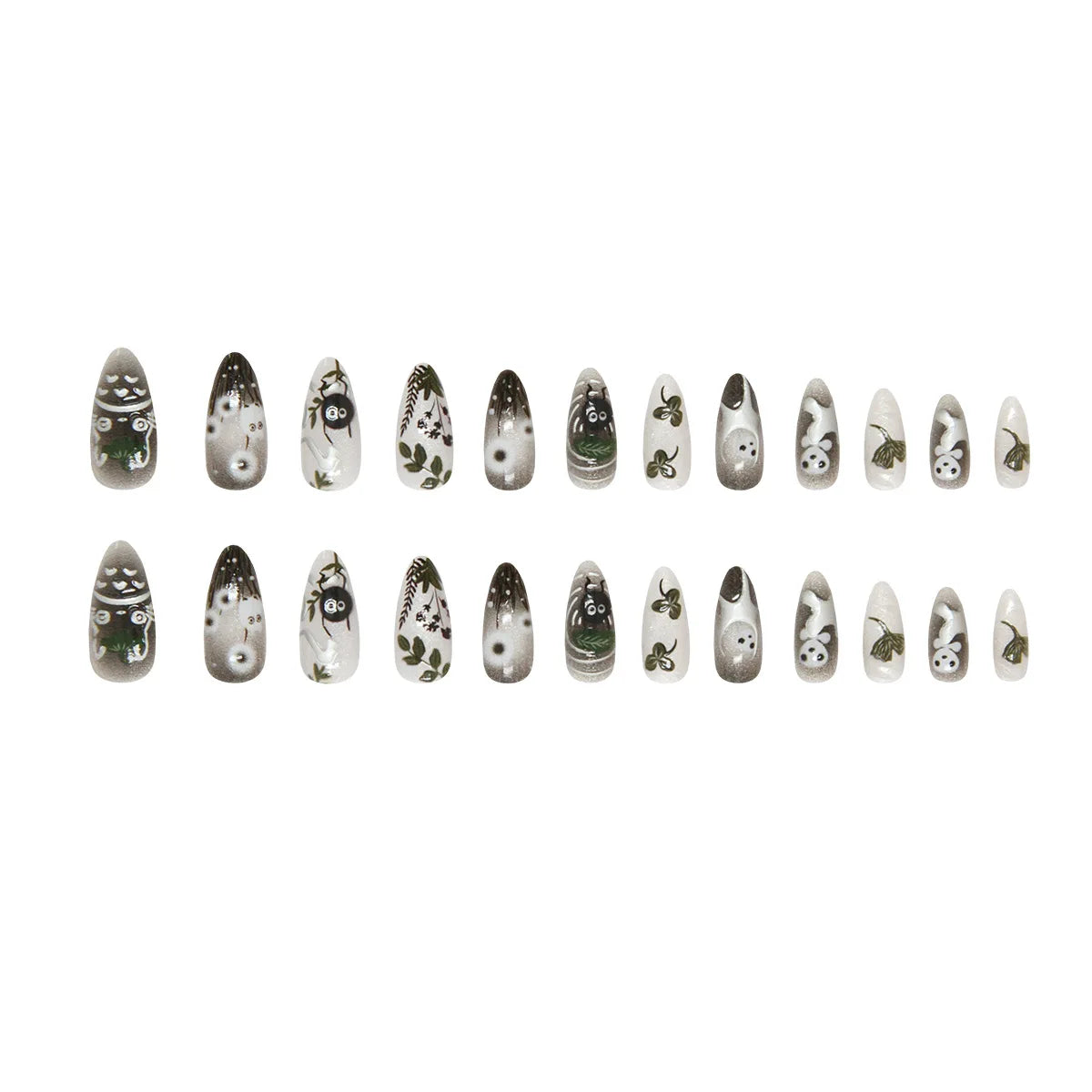 24pcs Gradient Black False Nails Cute Cartoon Cat's Eye Forest Elf Girl Press On Nails Glossy Almond Sweet Cool Fake Nail Tips