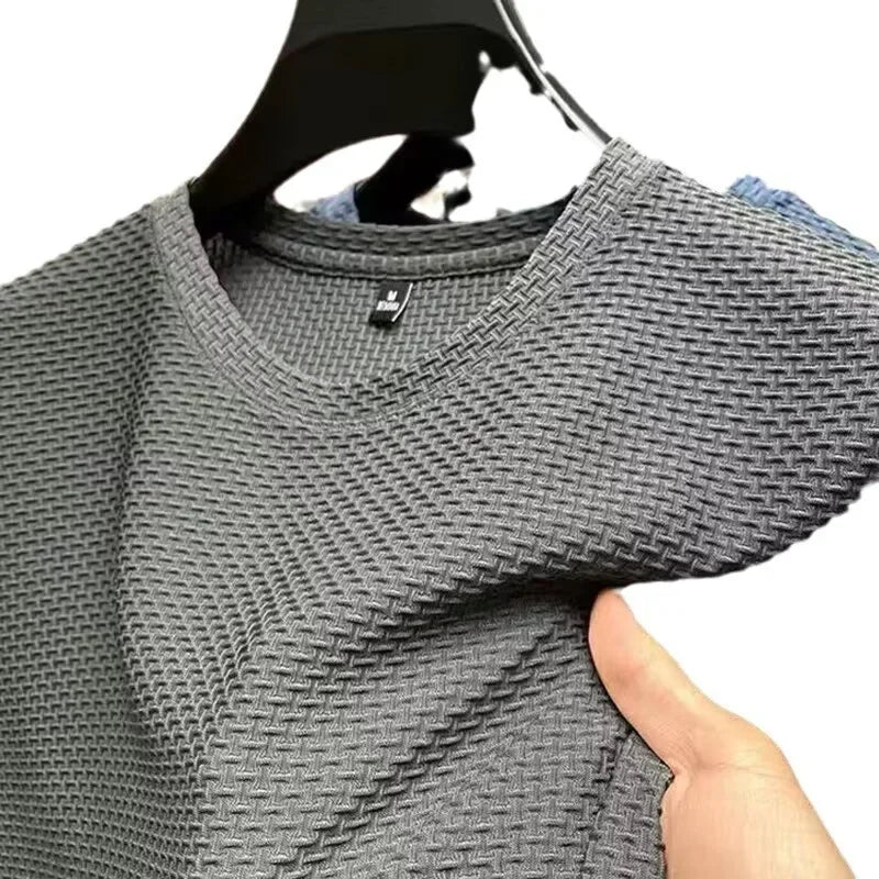 Ice Silk Bamboo Node Men's Short Sleeve T-Shirt Summer Pure Color Elastic Comfortable Cool Feeling Casual Versatile Thin Trendy