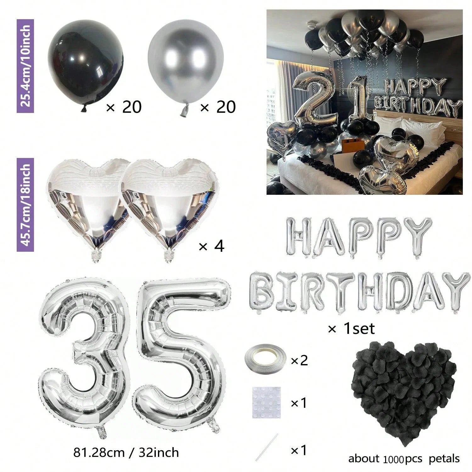 1050/21/200pcs Black & Silver Party Balloons Decorations, Silver Happy Birthday Banner, Chrome Silver Latex Balloons