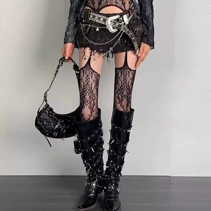 Lolita Sweet Girls Punk Style Floral Tights Colorful Thigh High Stockings Sheer Fishnet Suspender Tights Garter Belt Pantyhose