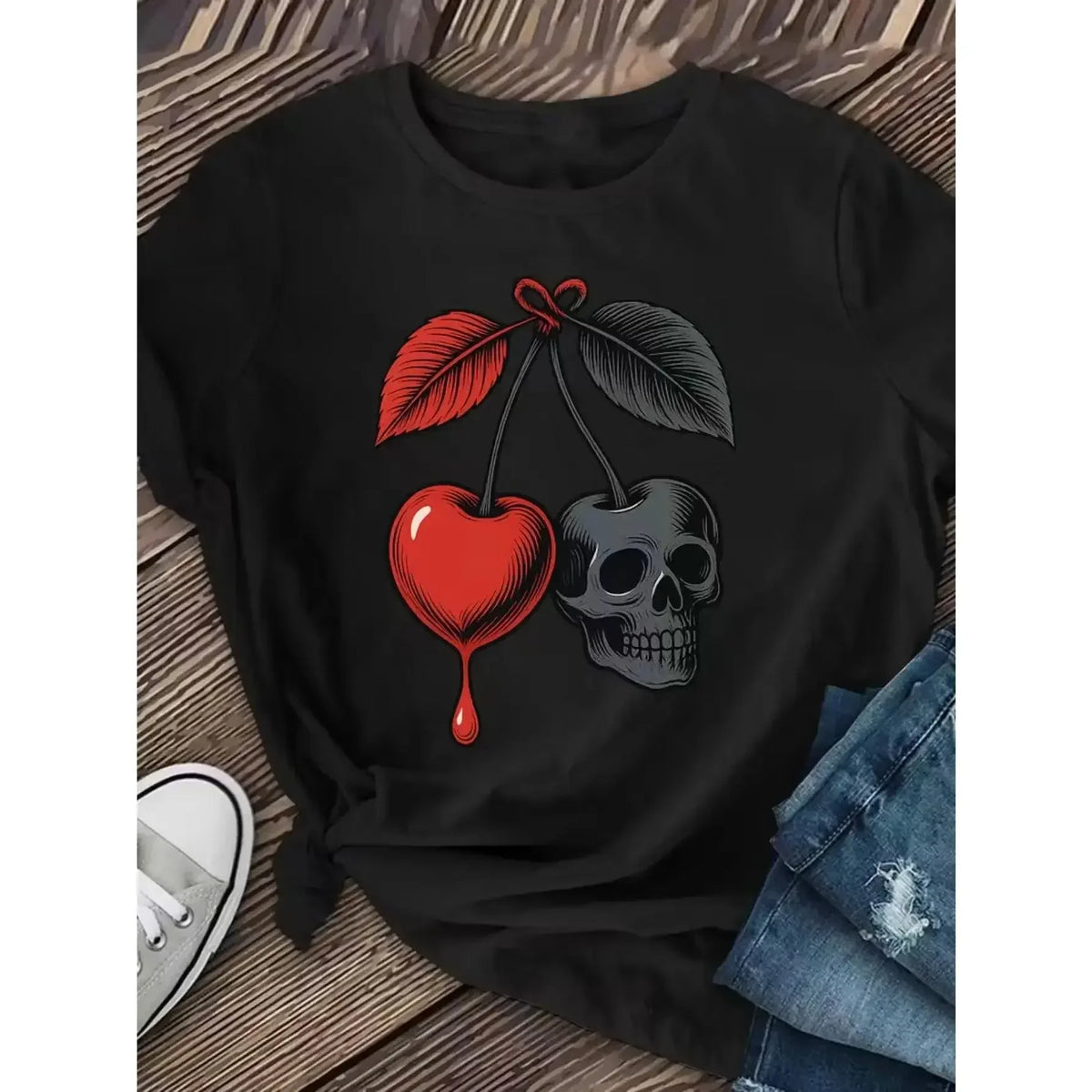 Women'S Gothic Cherry & Skull Graphic T-Shirt - Maroon & Black Contrast Short Sleeve Top with Red Fruit & Bone Design, Medium Stretch Round Neck Casual Tee for Spring Summer Fall, Machine Washable Regular Fit Gothic Everyday