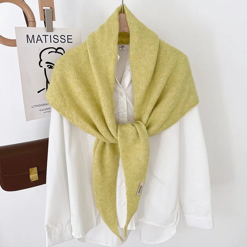 Big Size Wool Korean Style Knitted Triangular Scarf Women Winter Warm Headscarf Shawl Sold Color Neckerchief Kerchief Hijab
