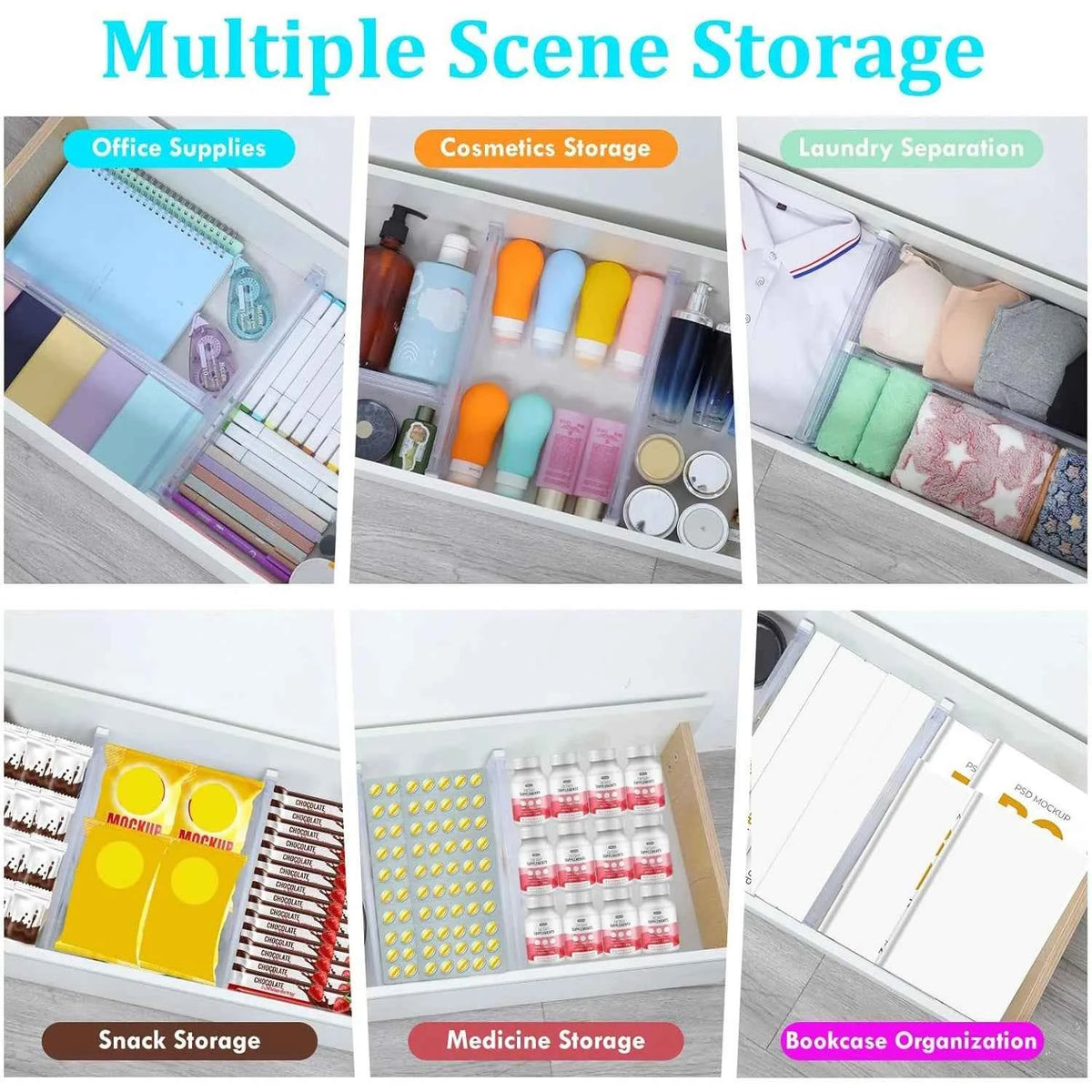 6/8/10/12-Pack Adjustable Drawer Organizers, Clear Expandable Dresser Organizers for Storing Clothes Kitchen Utensils